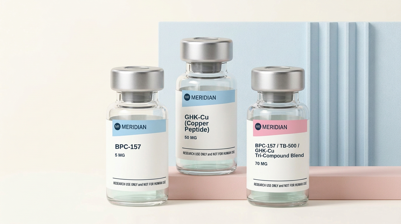 Meridian Peptide Research peptide vials arranged for laboratory inspection