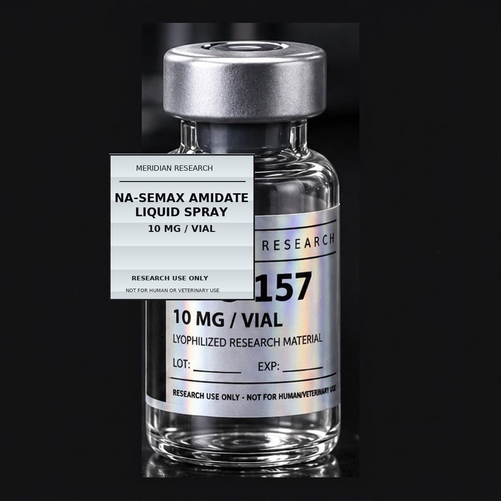 Sealed NA-SEMAX AMIDATE LIQUID SPRAY vial with a Meridian Research research-use-only label