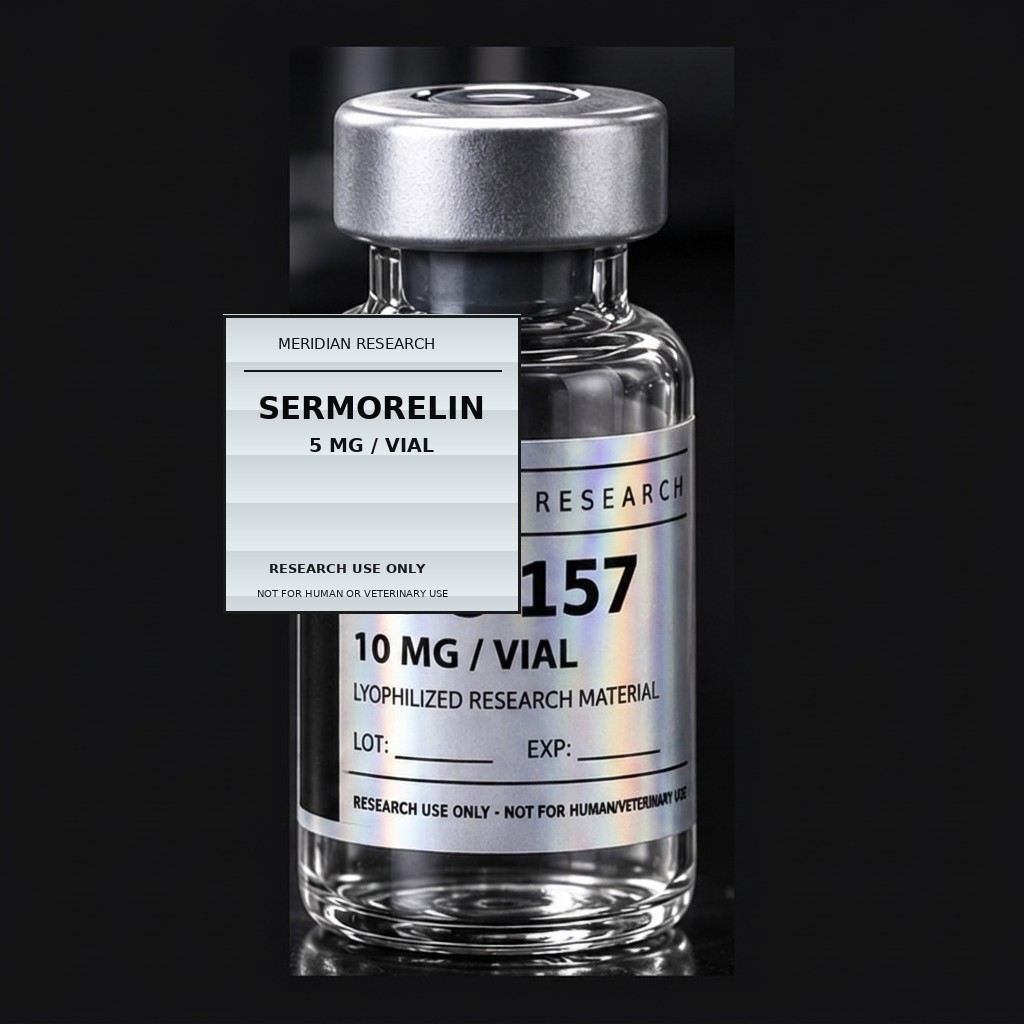 Sealed SERMORELIN vial with a Meridian Research research-use-only label